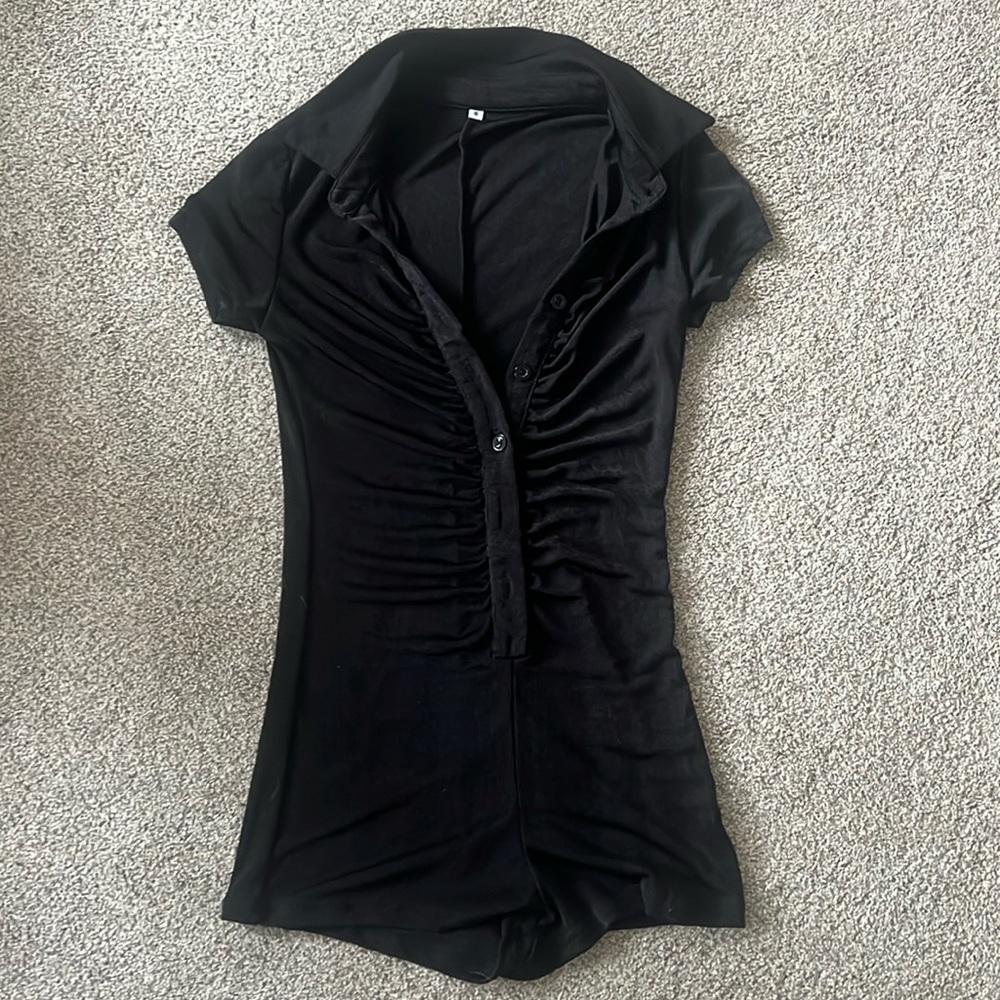 Black, sheer, button-down collared romper